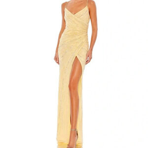 Mac Duggal Yellow Beaded Sequin Gown – Deep V Wrap Slit Formal Prom Dress NWOT